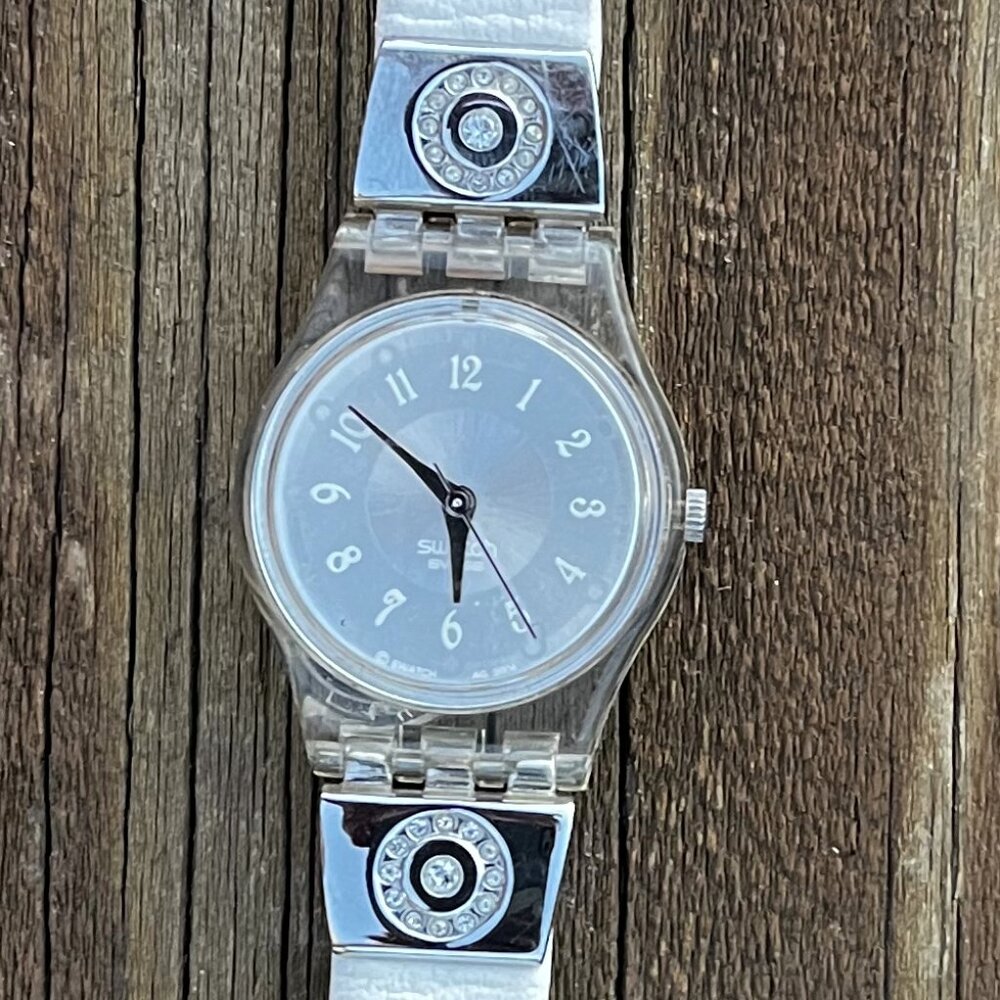 Swatch White Leather Clear Case Watch